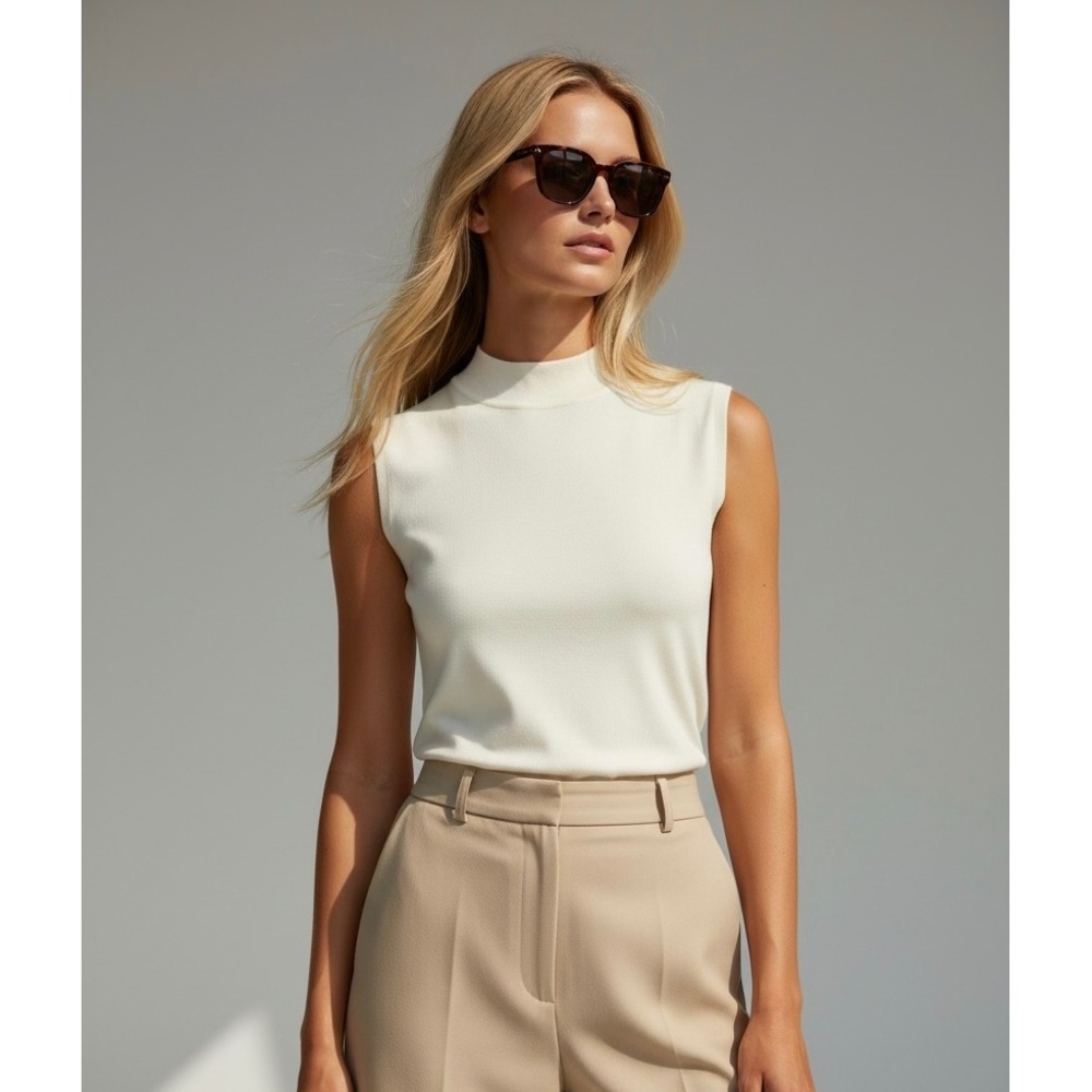 NEW Ivory Ribbed Women's Large Mock Neck Sleeveless Sweater Top